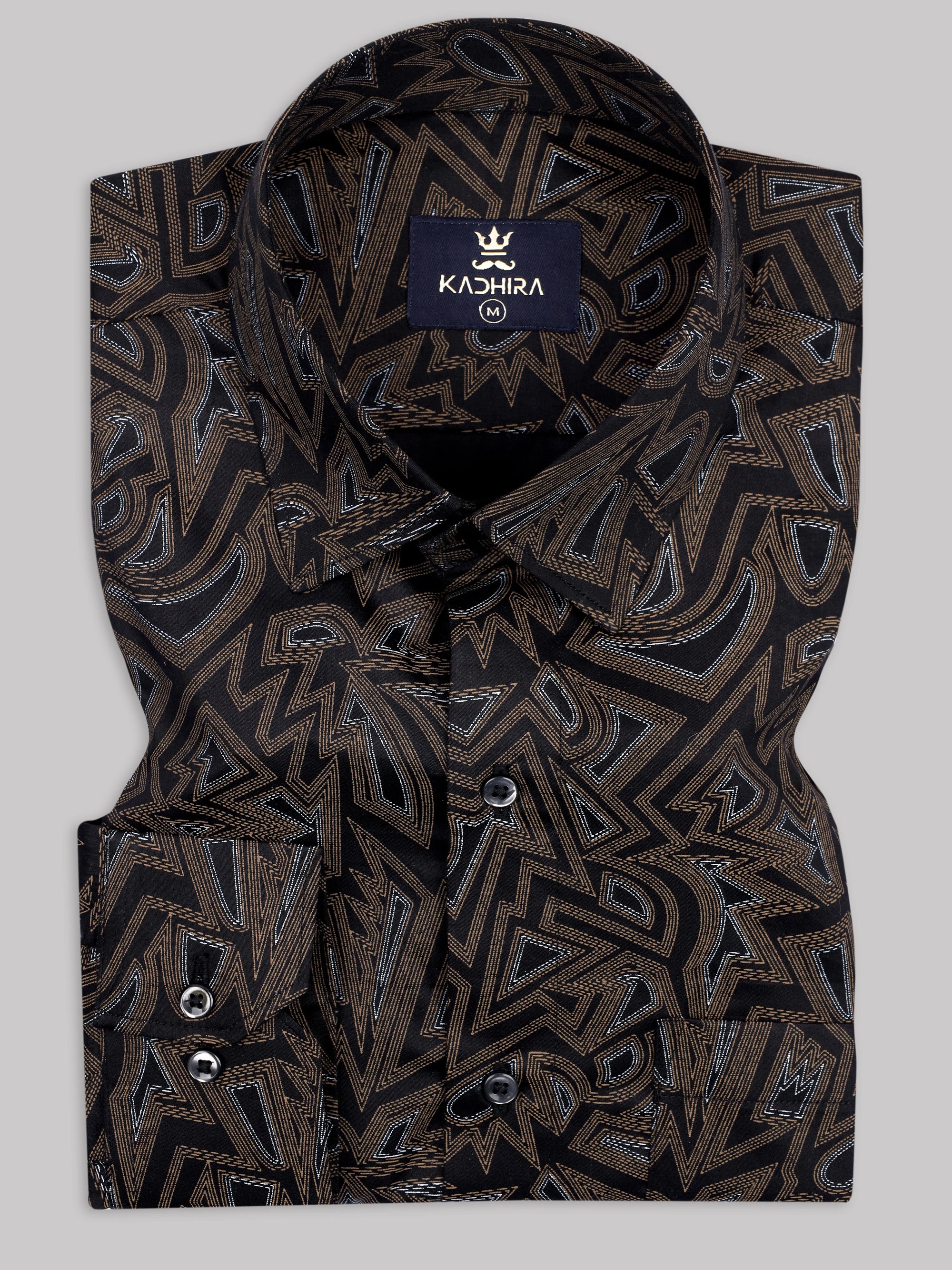 Black Olive With Coffee Celtic Knot Pattern Printed Cotton Shirt-[ONSALE]