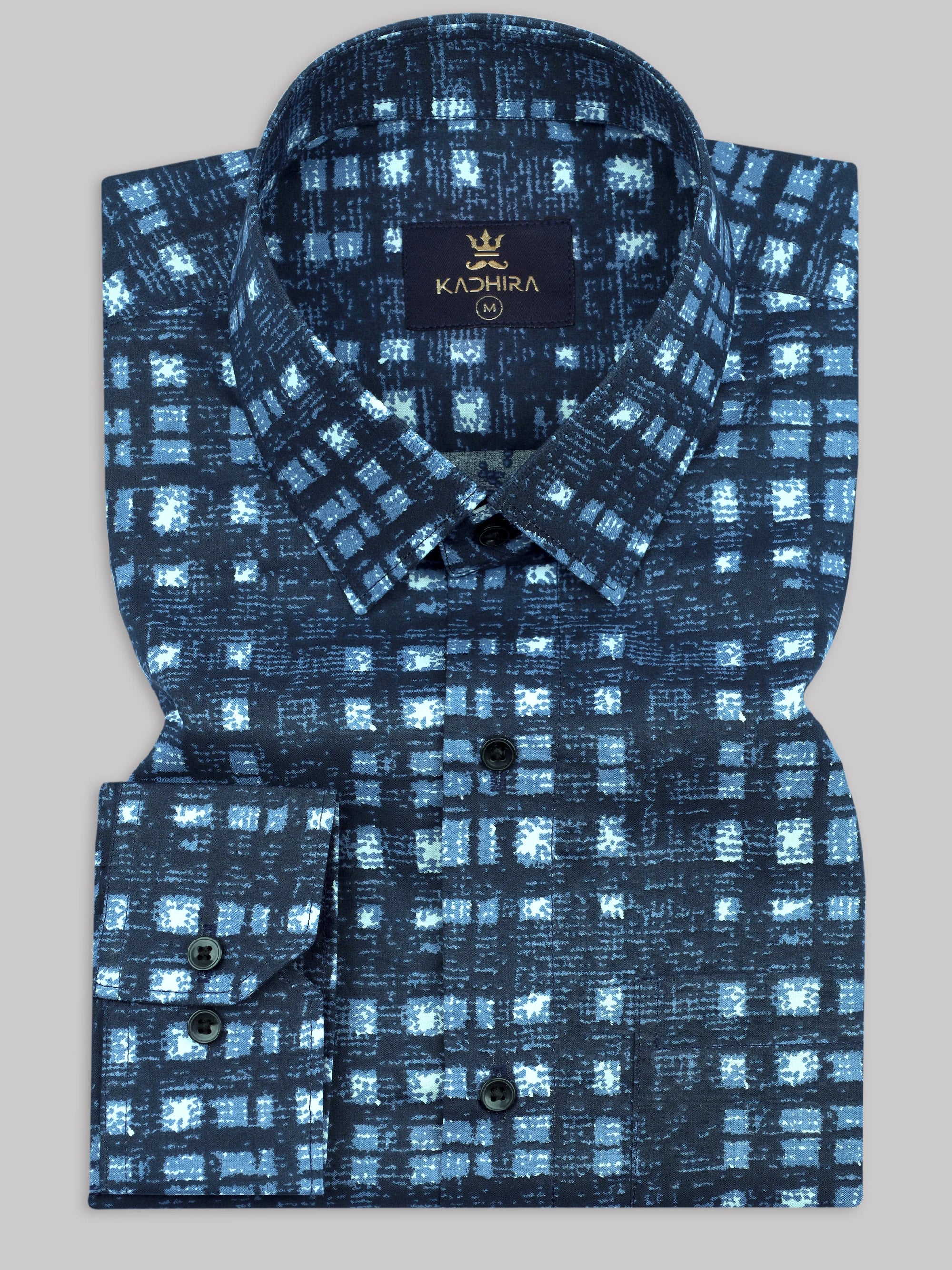 Navy Blue With White-Sky Blue Box Printed Premium Cotton Shirt-[ONSALE]