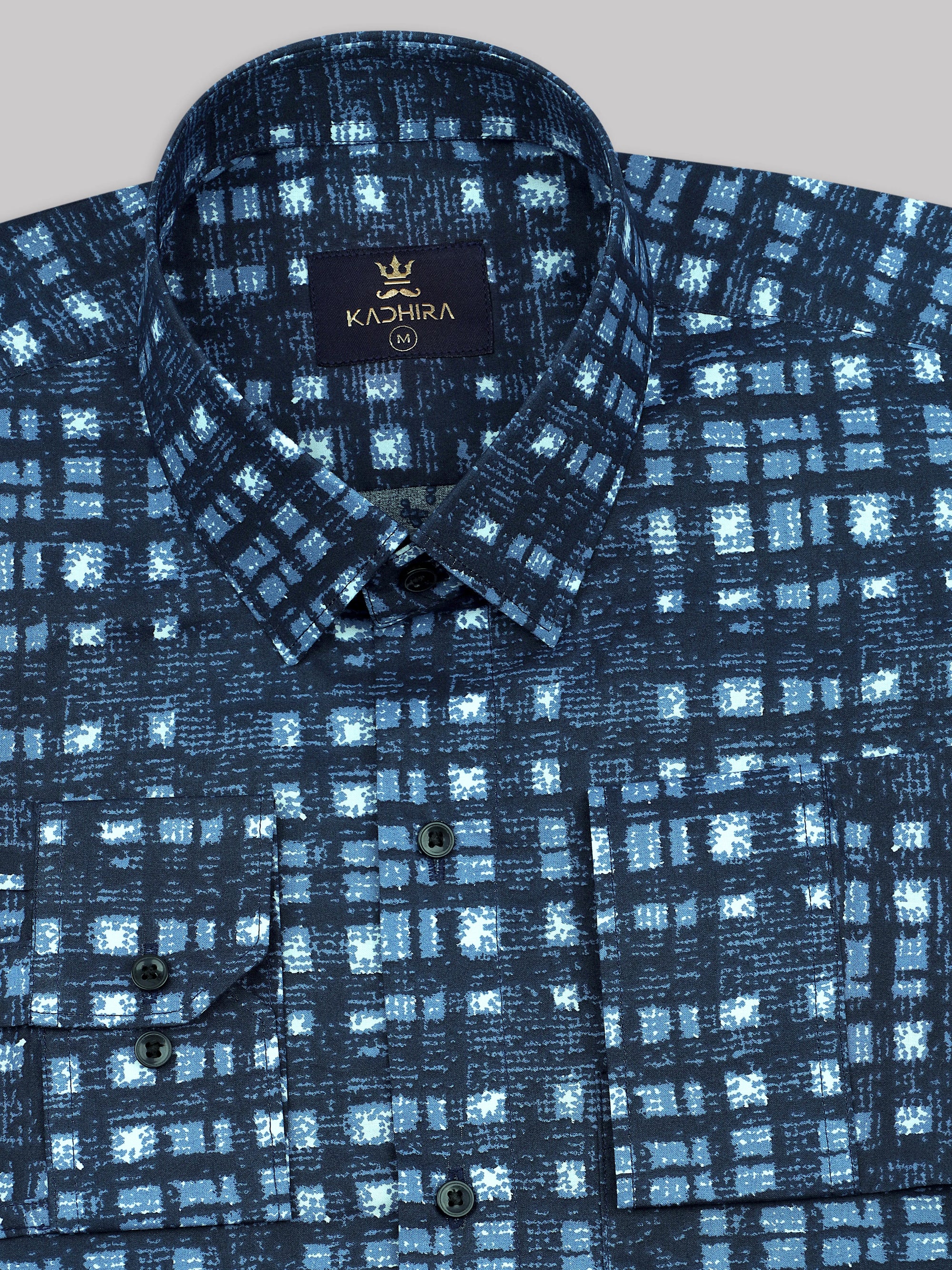 Navy Blue With White-Sky Blue Box Printed Premium Cotton Shirt-[ONSALE]