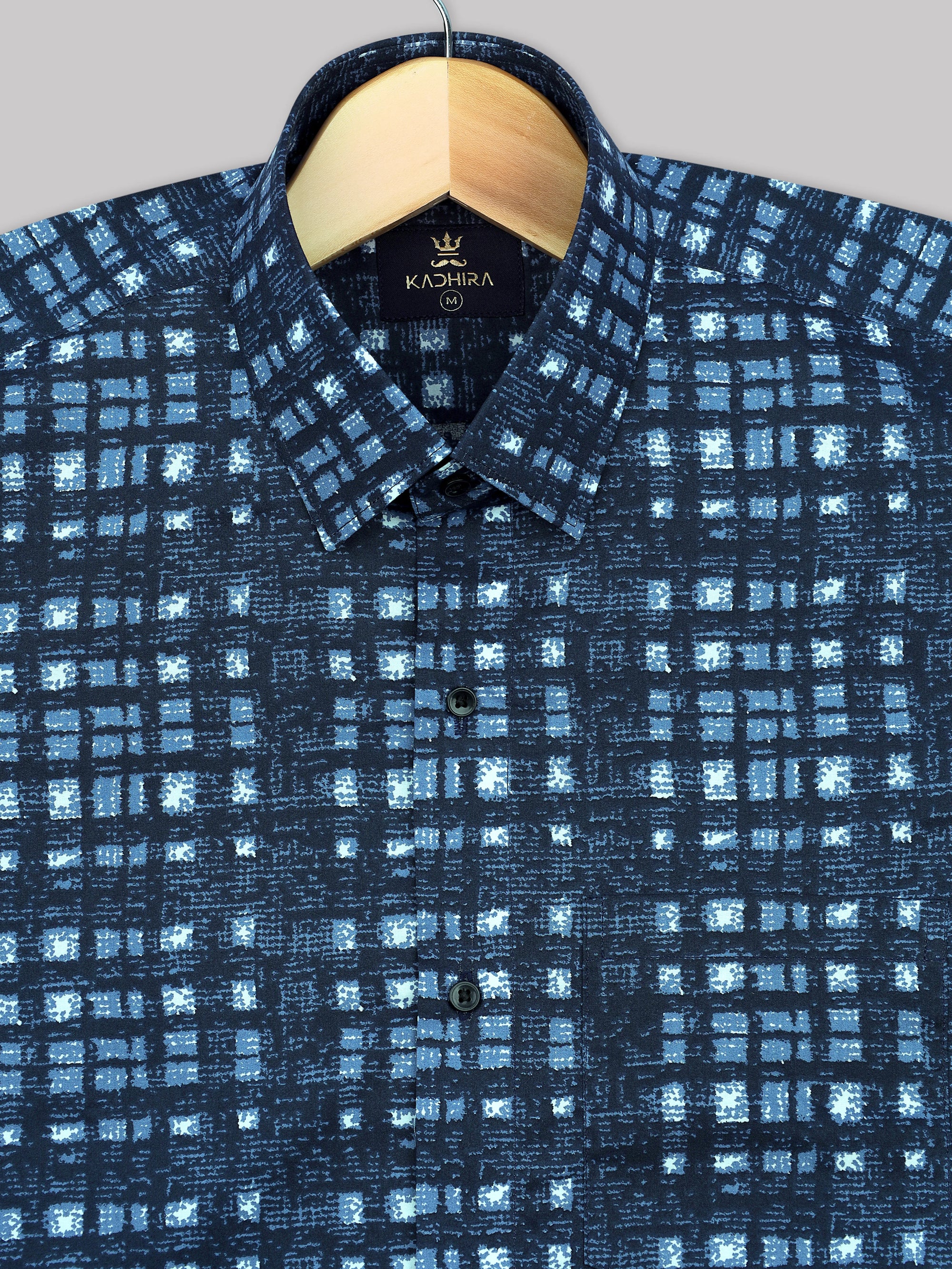 Navy Blue With White-Sky Blue Box Printed Premium Cotton Shirt-[ONSALE]