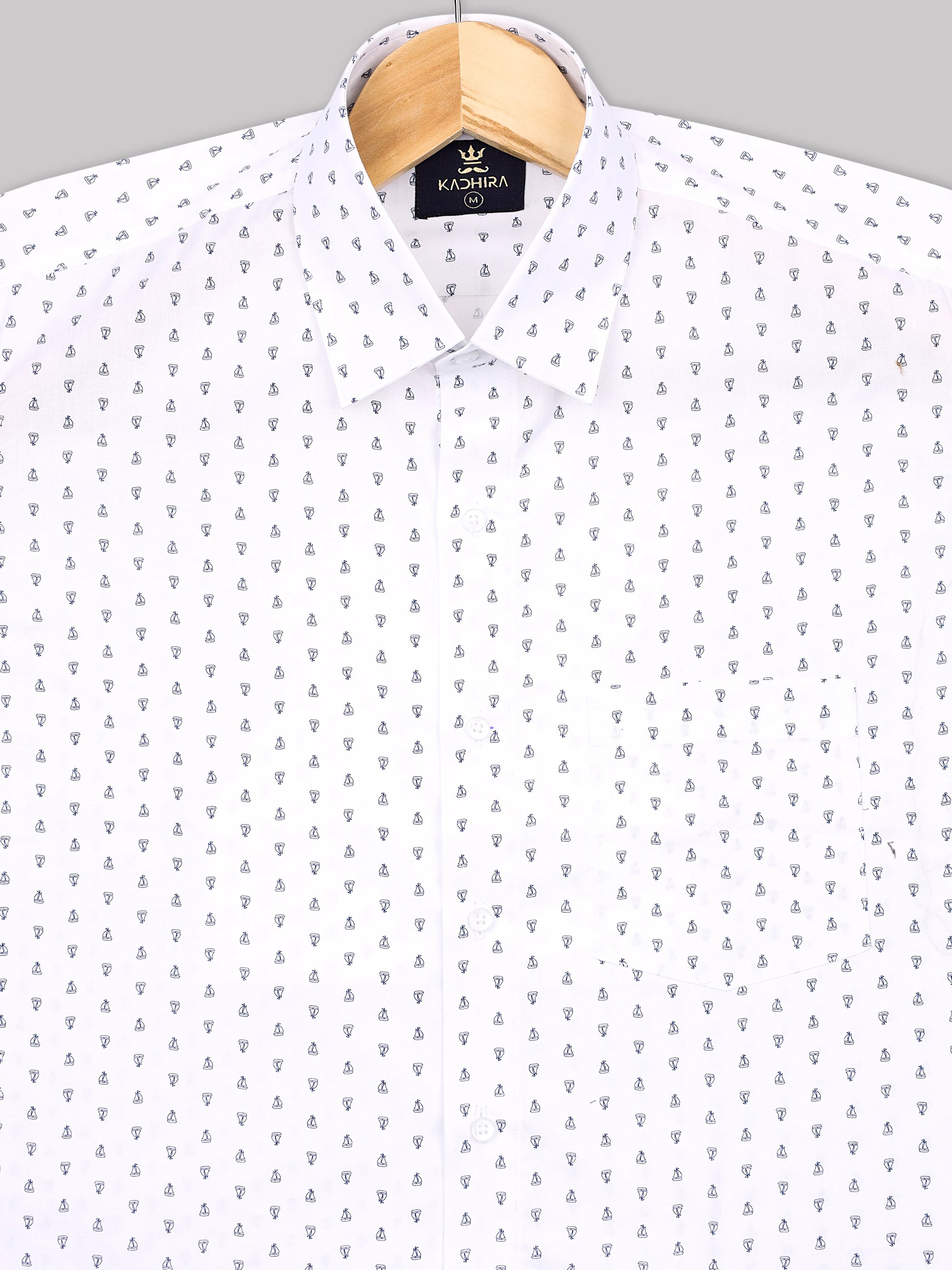 Bright  White with  Navy Ship  Printed Premium Cotton Shirt-[ONSALE]