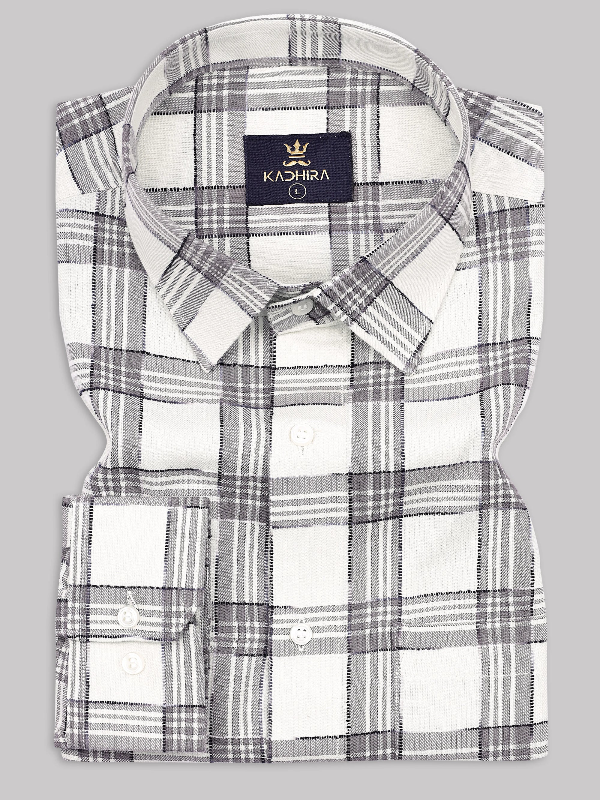 Rice White With Gray Plaid Checks Premium Cotton Shirt