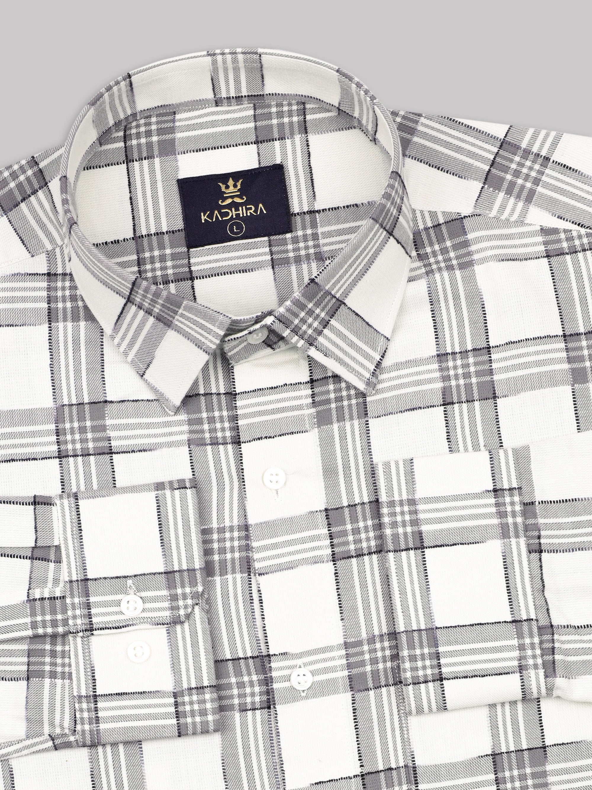 Rice White With Gray Plaid Checks Premium Cotton Shirt