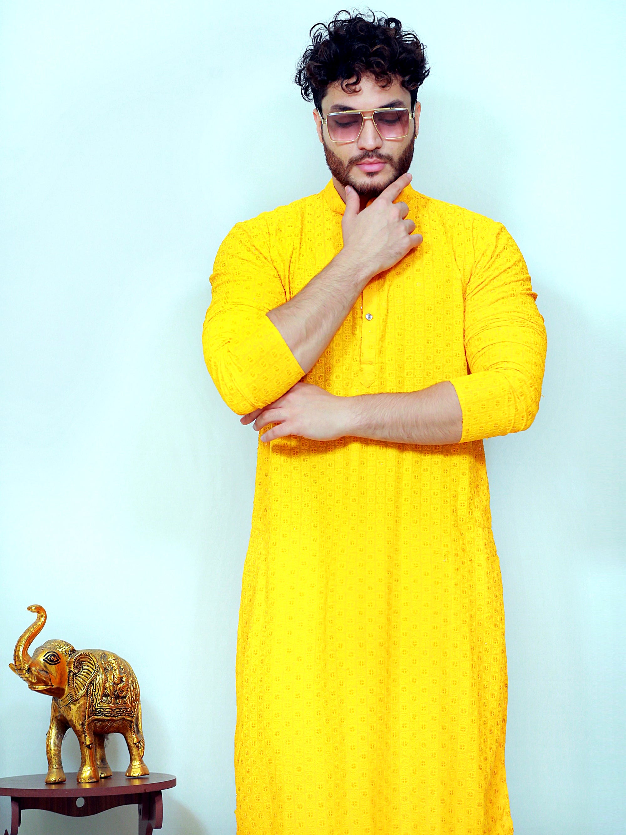 Sunshine Yellow Heavy Sequence Embroidery Work Designer Cotton Kurta