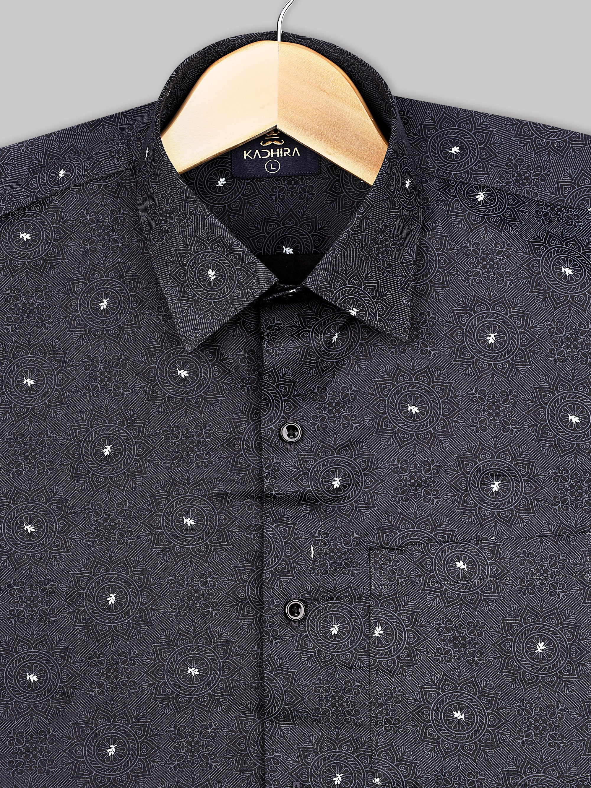 Oil Black With White Suzani Pattern Super Premium Cotton Shirt[ONSALE]