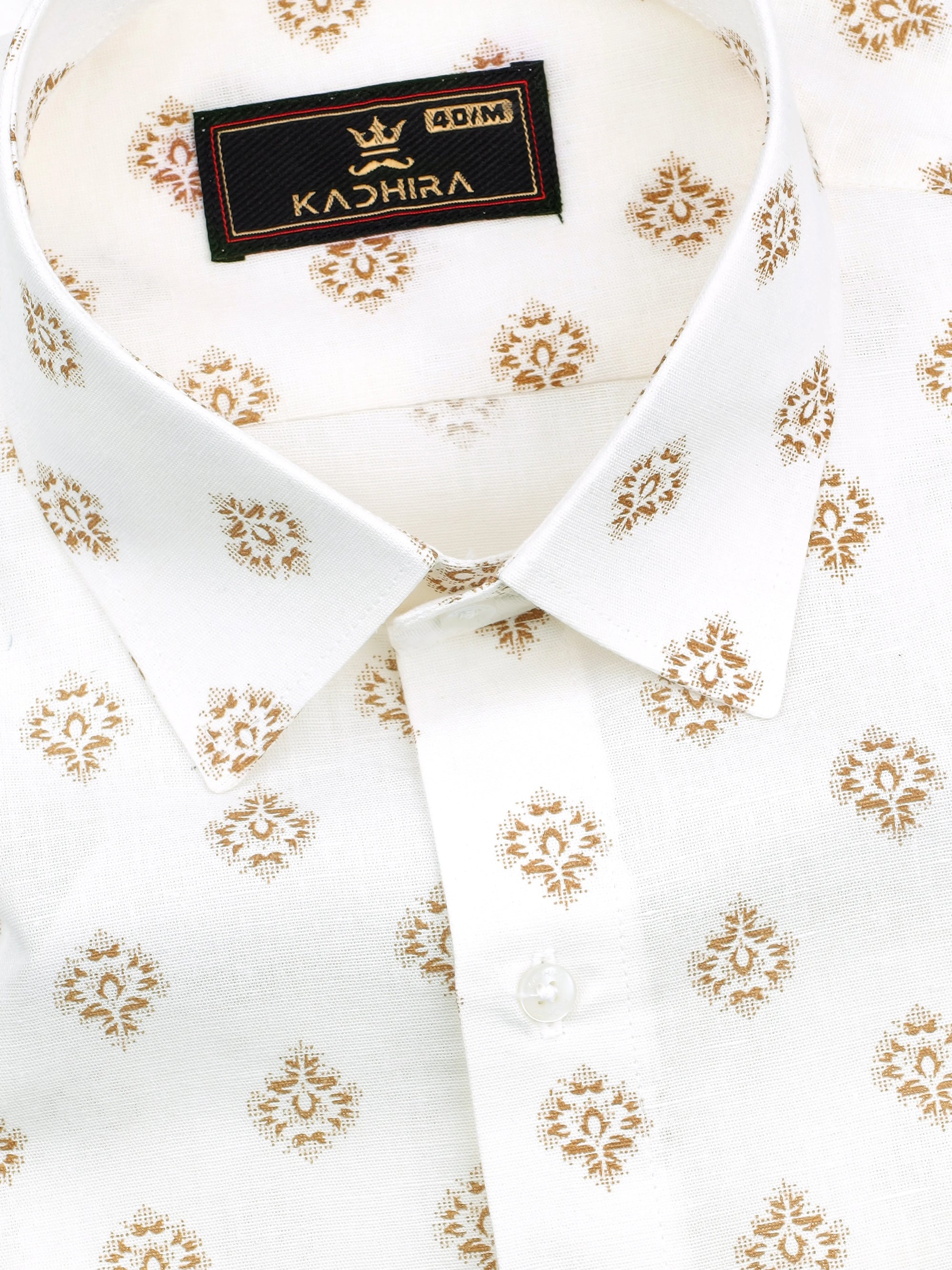 White With Brown Flower Printed  Linen Cotton Shirt[ONSALE]