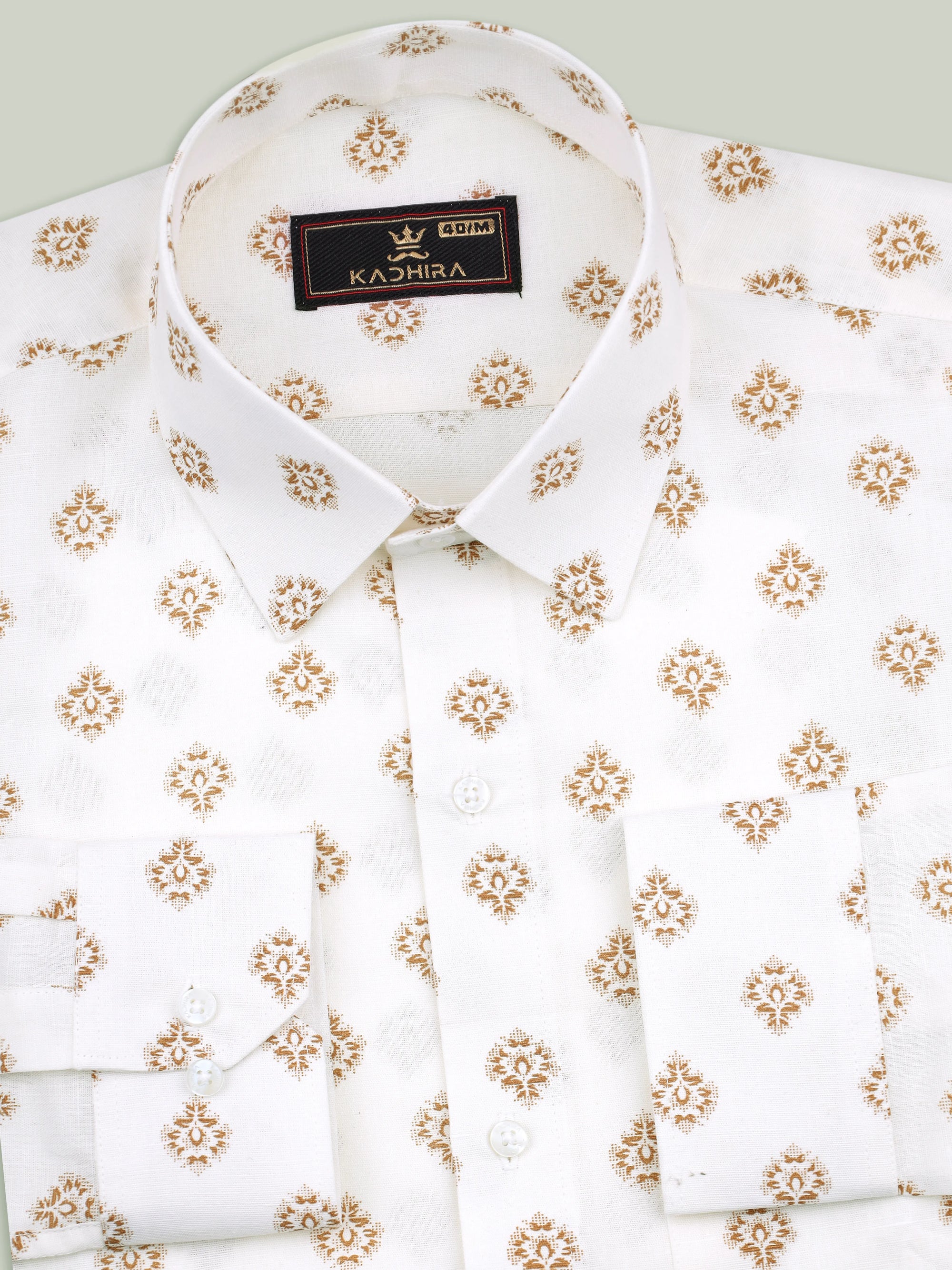 White With Brown Flower Printed  Linen Cotton Shirt[ONSALE]