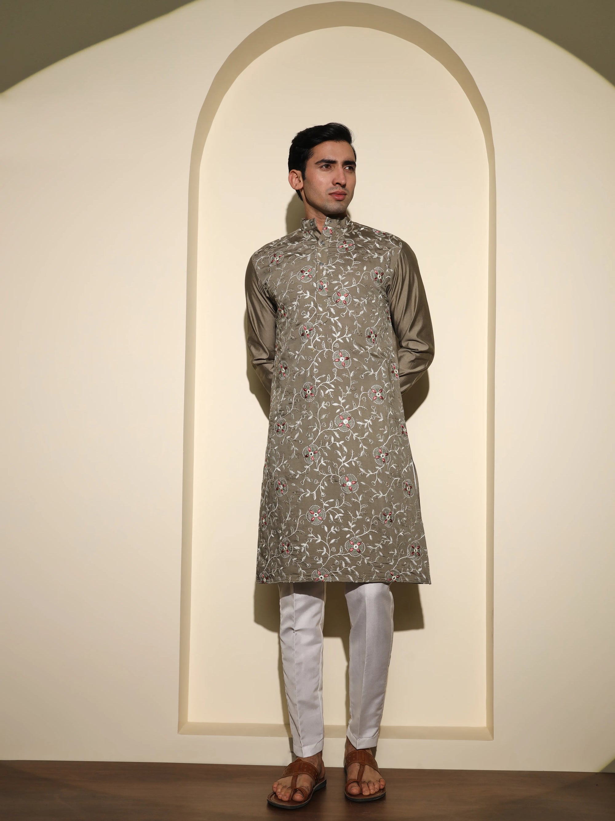 Pale Oyster With Flower Embroidery - Zari Work Premium Viscose Kurta Set