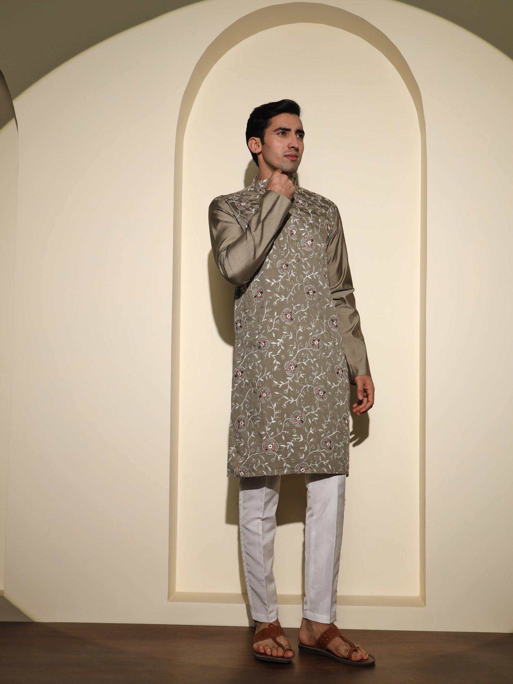 Pale Oyster With Flower Embroidery - Zari Work Premium Viscose Kurta Set