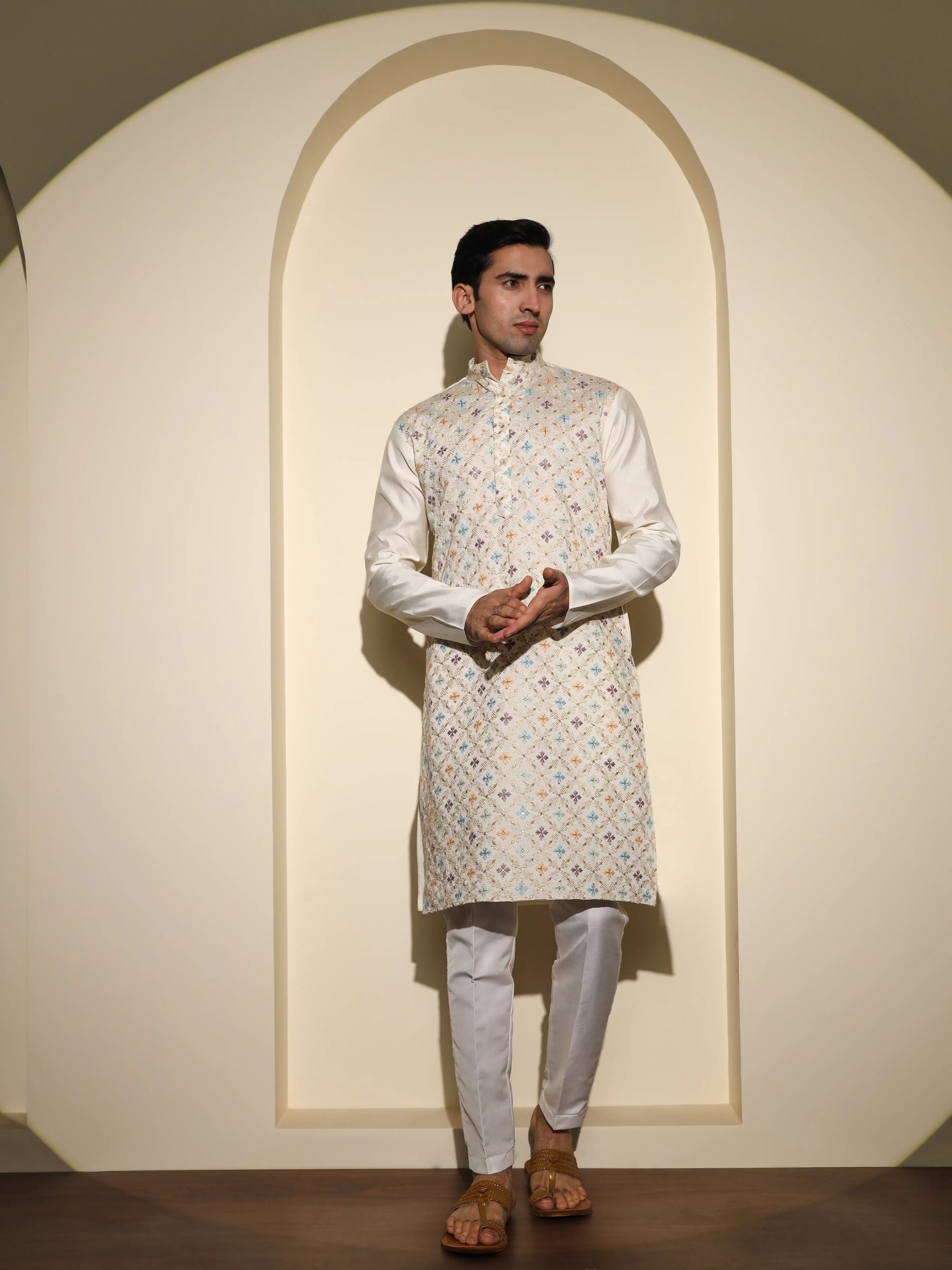 Light Cream With Small Flower Embroidery Work Premium Viscose Kurta Set