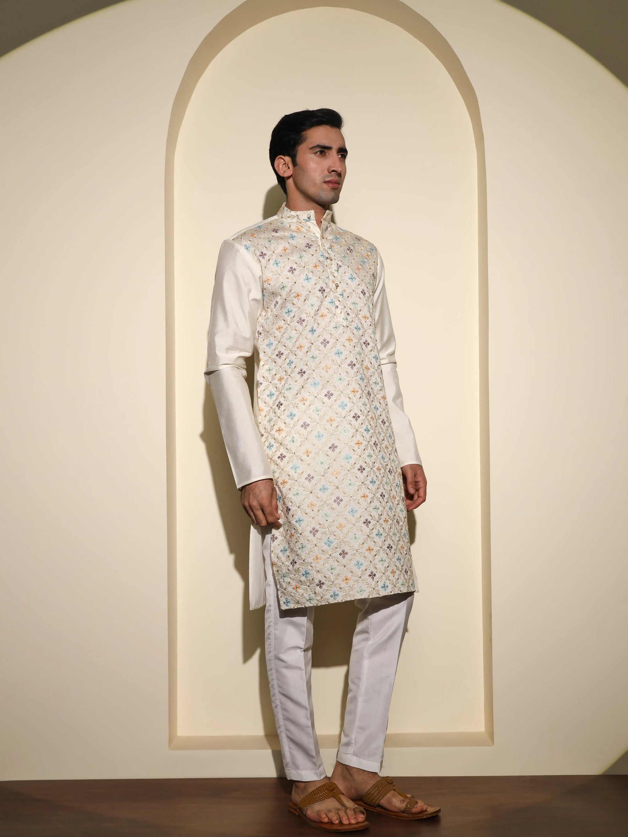 Light Cream With Small Flower Embroidery Work Premium Viscose Kurta Set