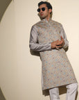 Light Grey With Small Flower Embroidery Work Premium Viscose Kurta Set