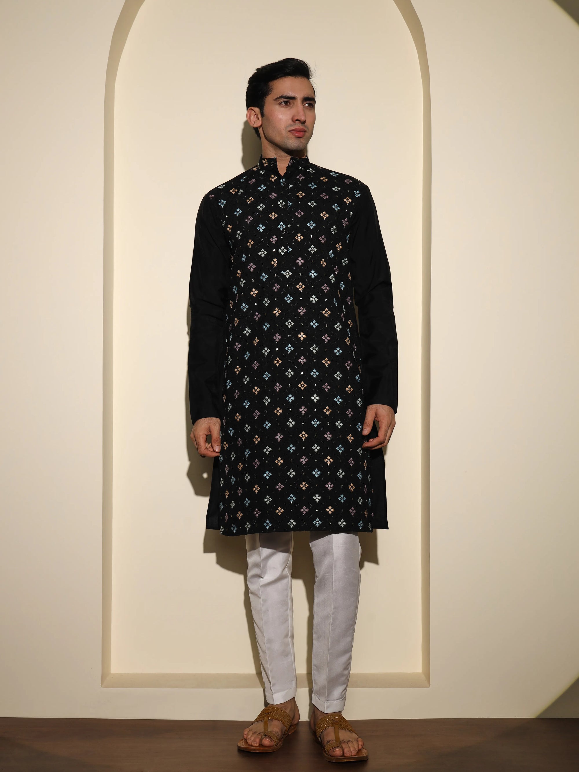 Dark Black With Small Flower Embroidery Work Premium Viscose Kurta Set