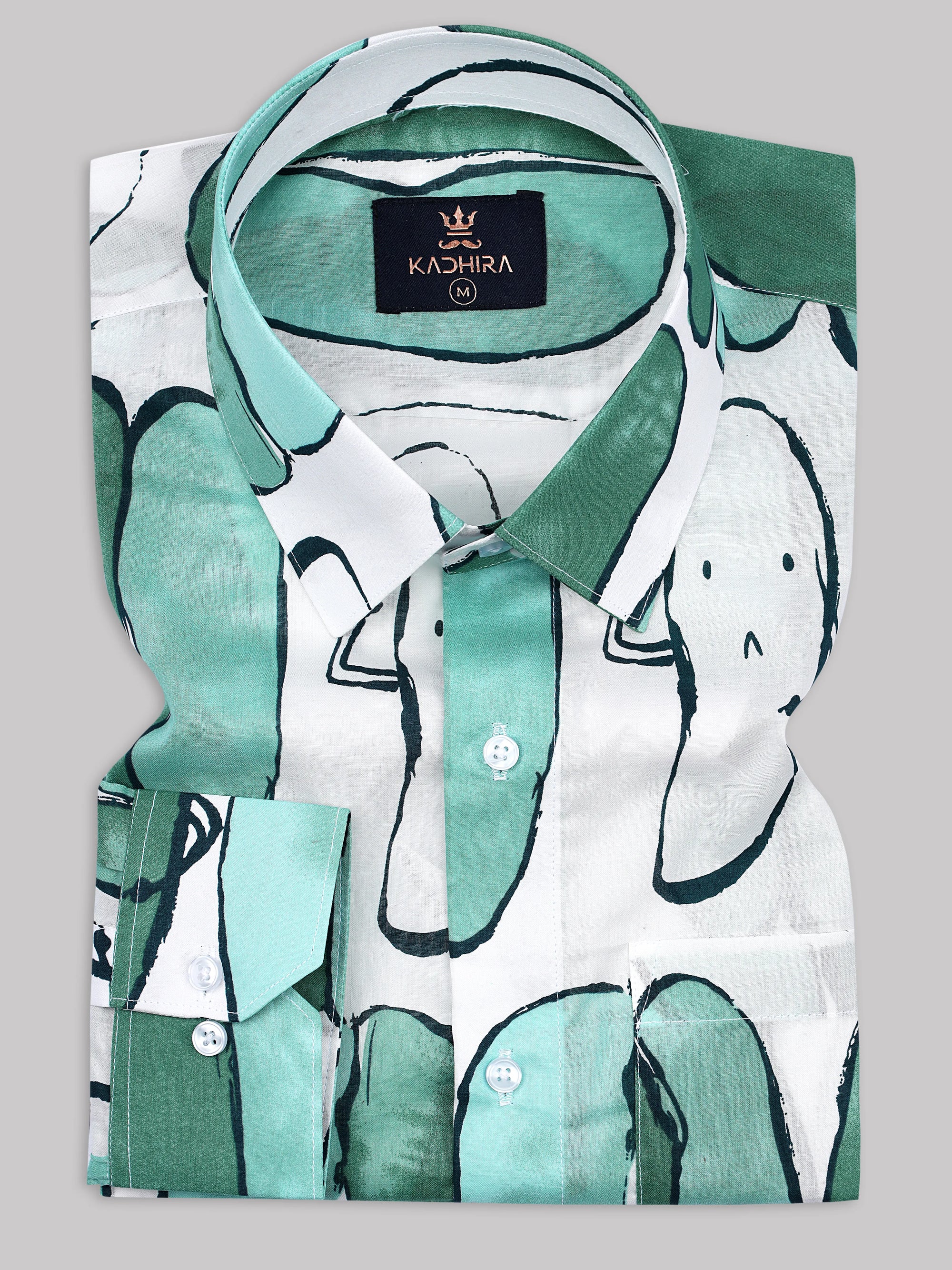 Soft White With Green Rock Pattern Super Cotton Shirt