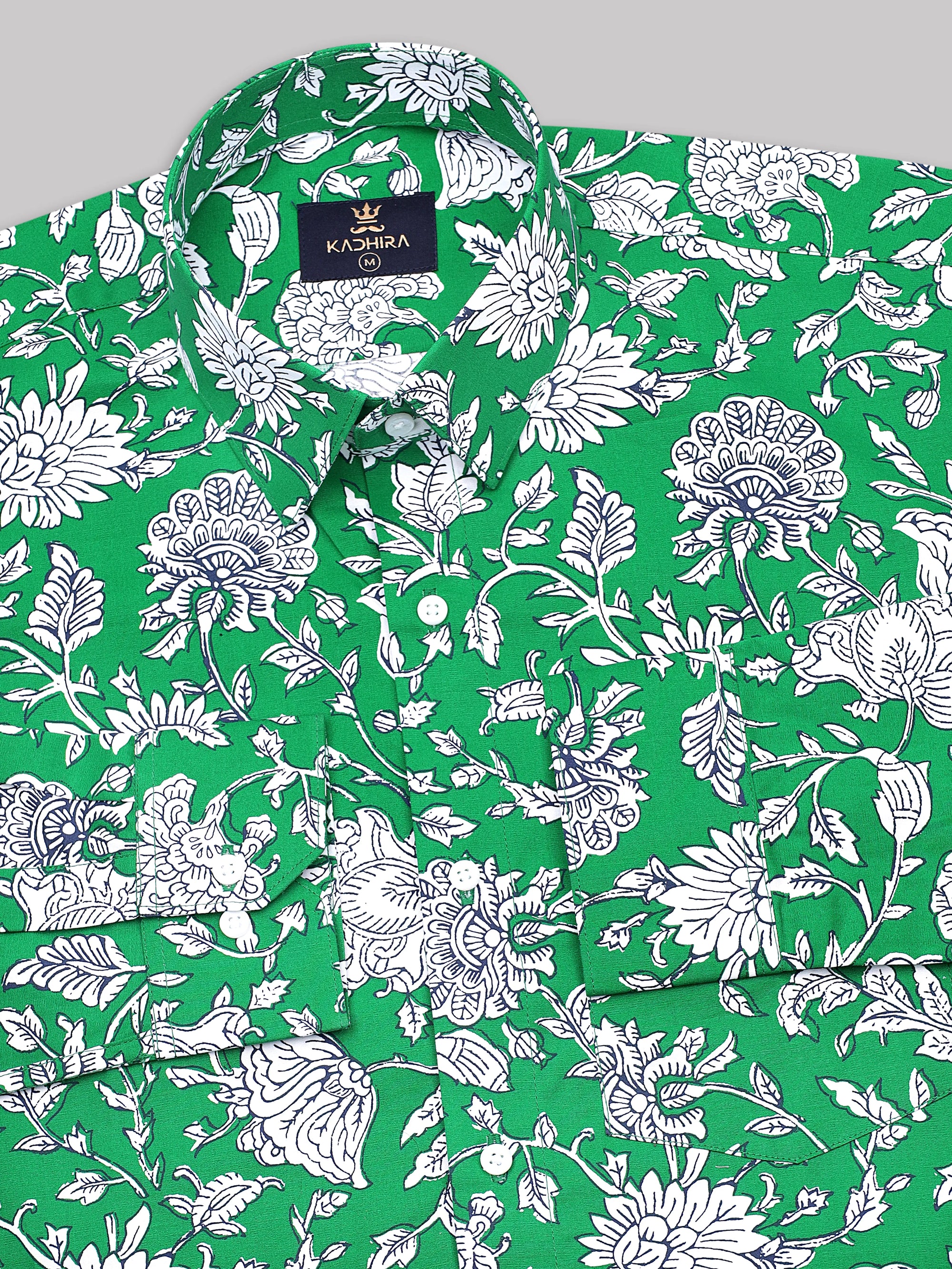 Paris Green With Floral Printed Premium Cotton Shirt
