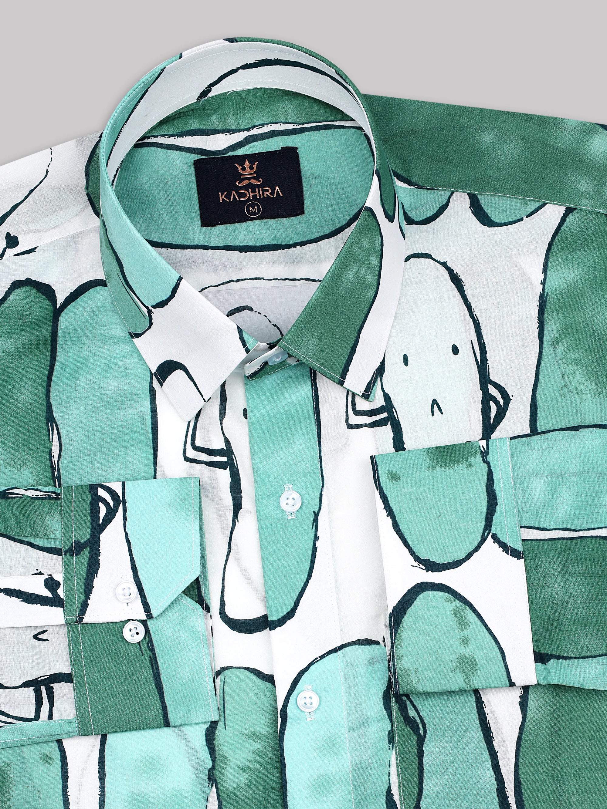 Soft White With Green Rock Pattern Super Cotton Shirt