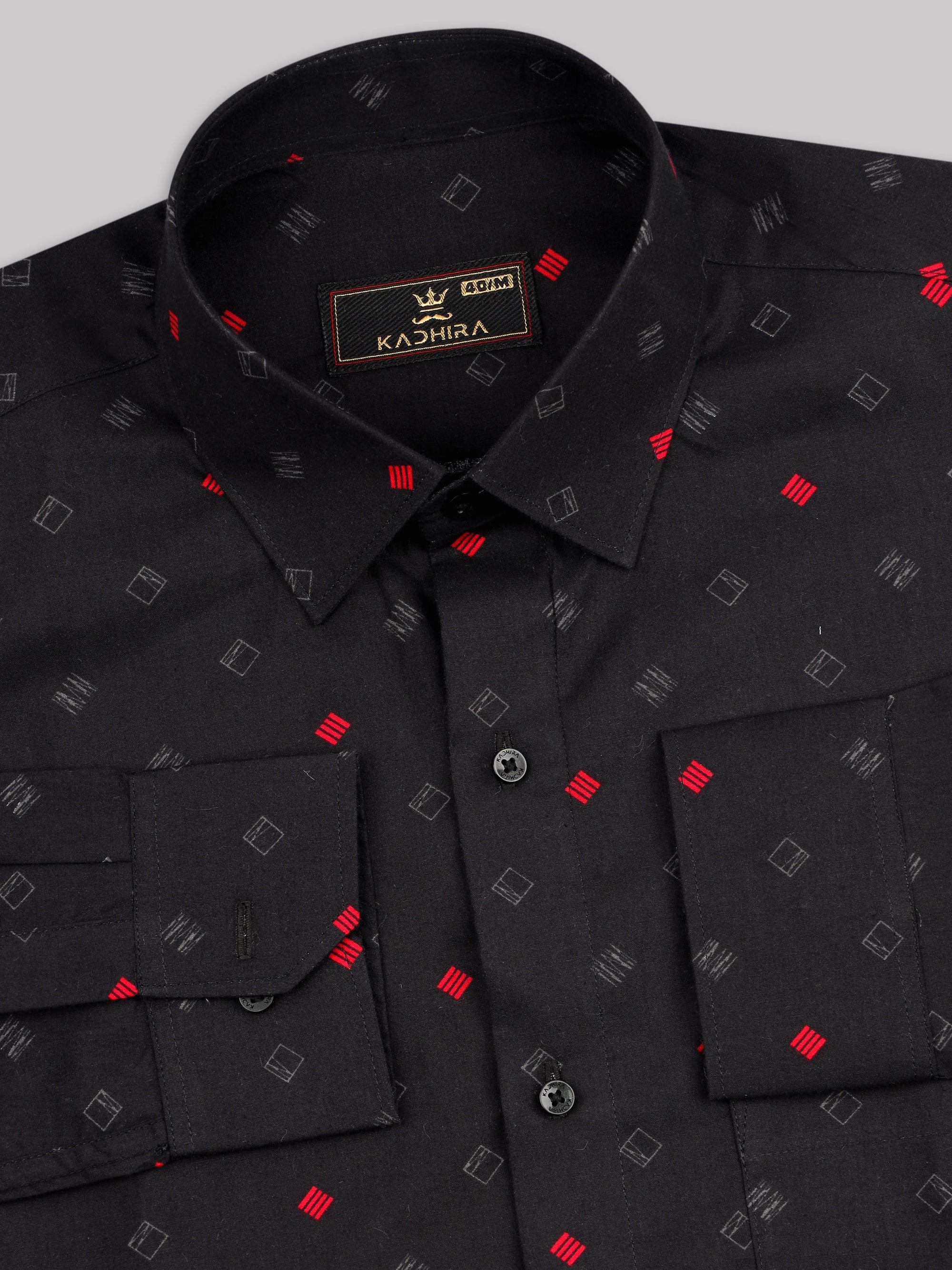 Rich Black With Red Multi-Pattern Printed Premium Cotton Shirt[ONSALE]