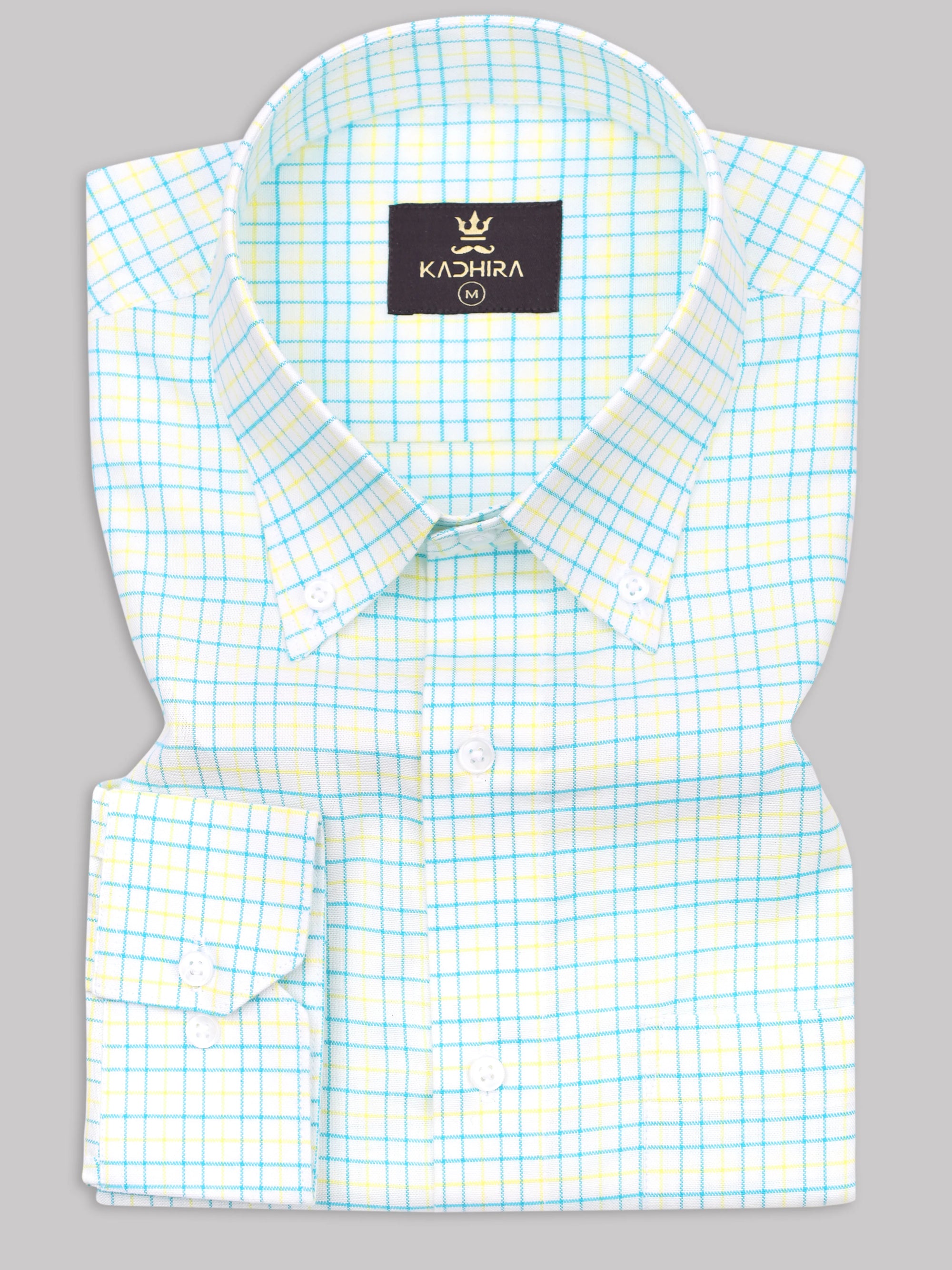 Pacific Blue With Yellow Tattersall Checks Premium White Cotton Shirt ...