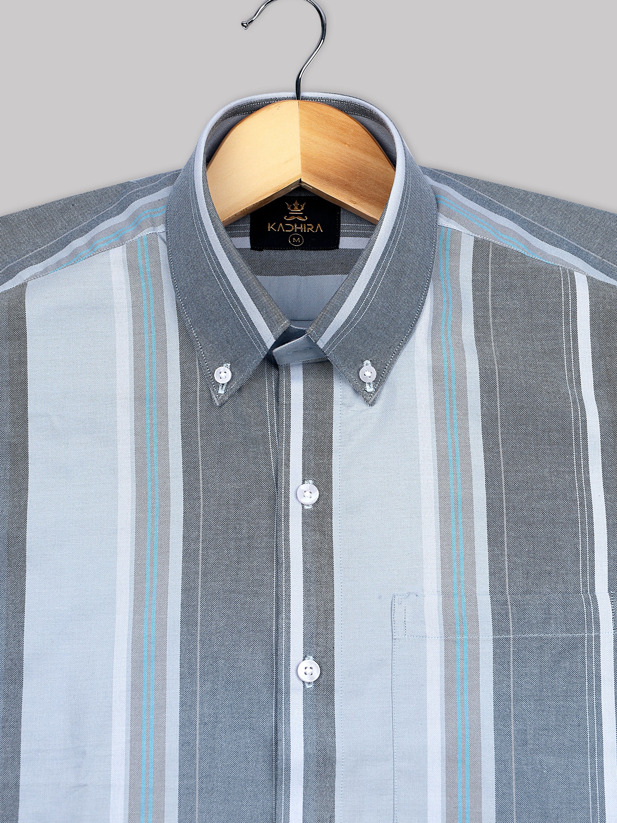 Oxford Gray With Blue Striped Premium Cotton Shirt[ONSALE]