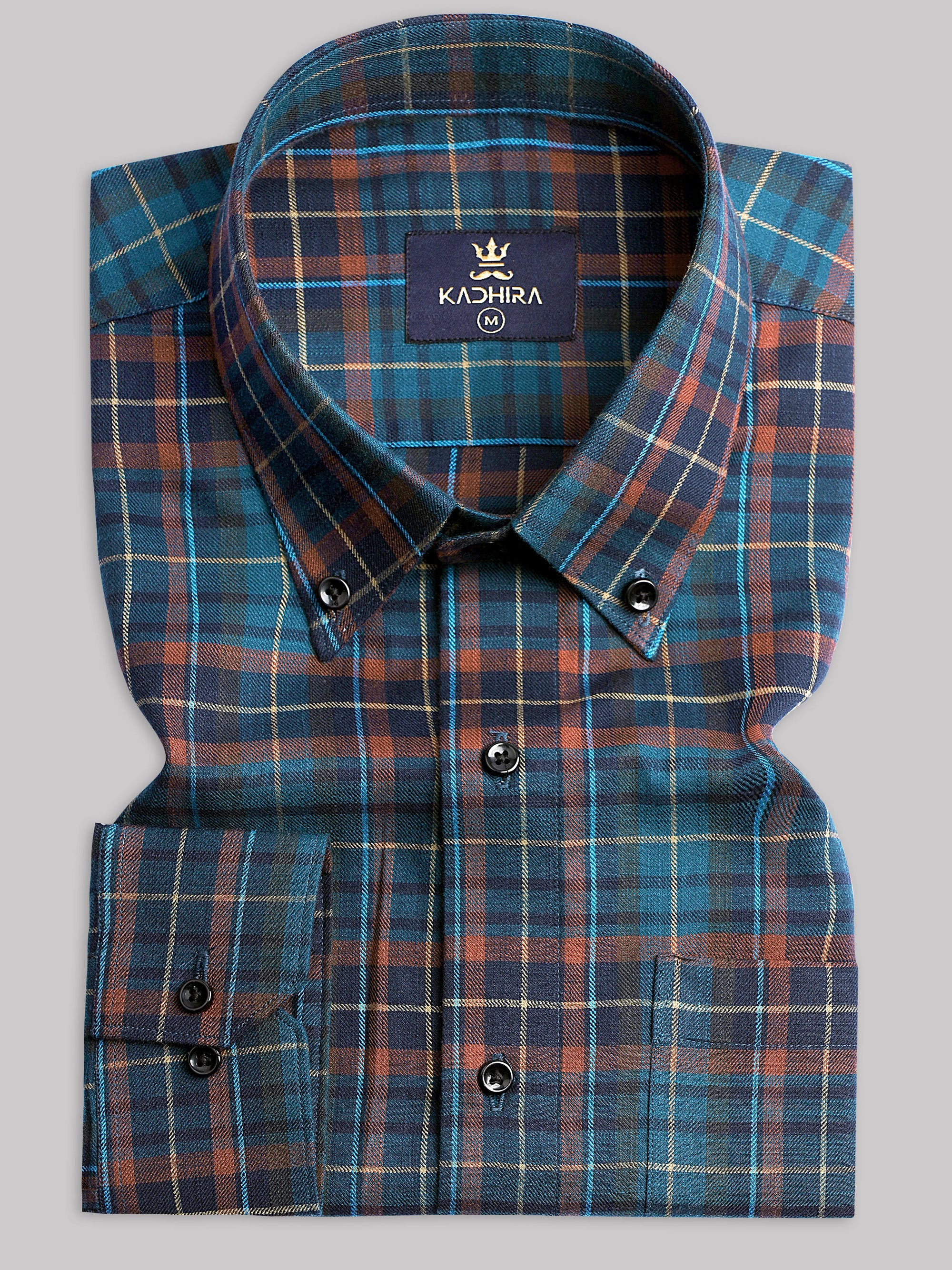 Ocean Blue With Light Red-Yellow Checkered Oxford Cotton Shirt-[ONSALE]