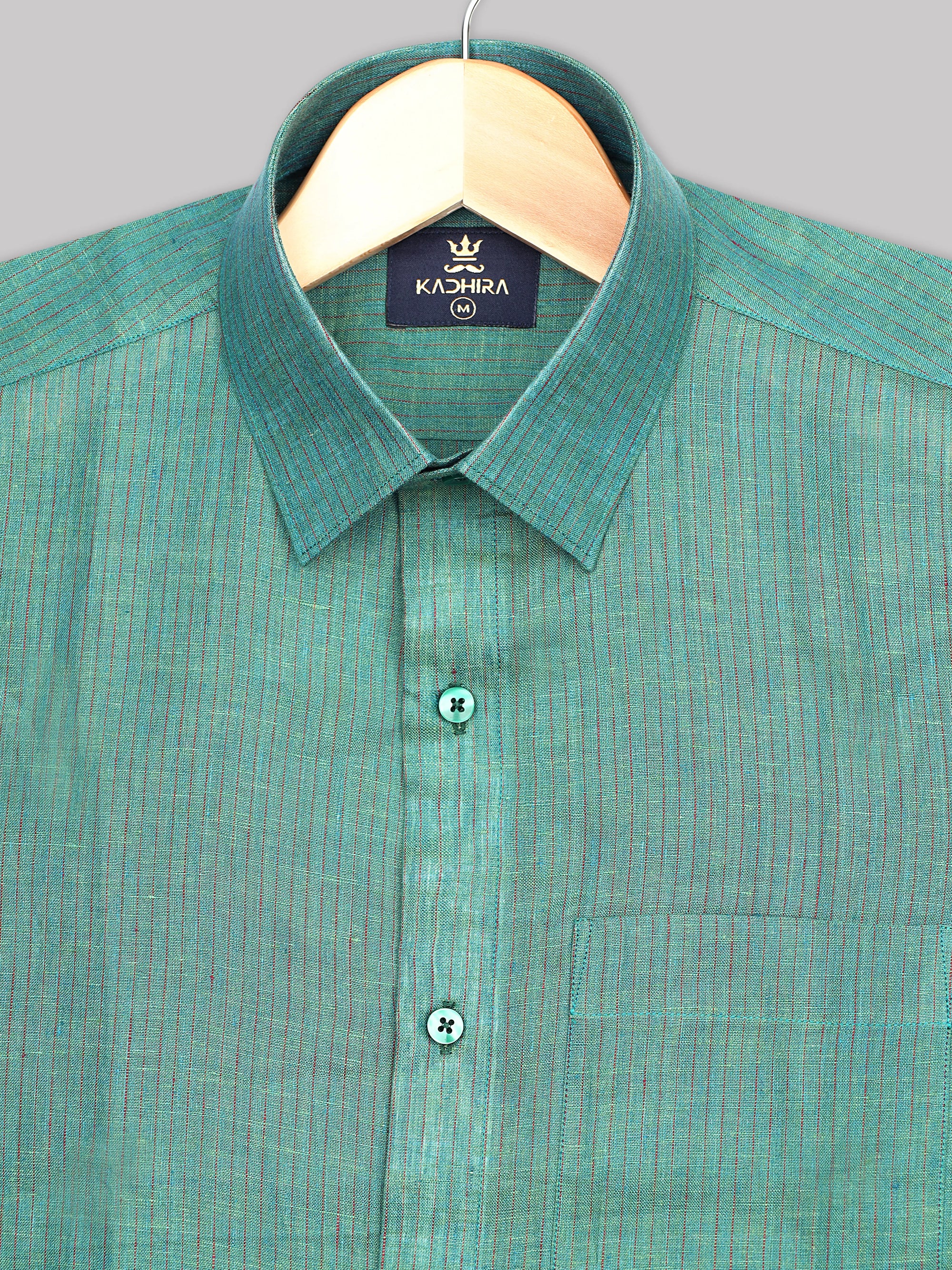 Dull Teal With Red Striped Luxurious Linen Shirt-[ONSALE]