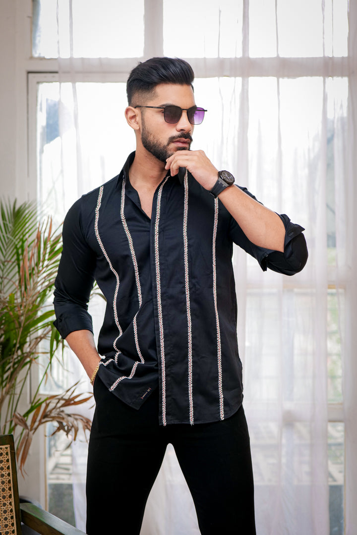 Eerie Black And White Stripe Embroidered Textured Designer Shirt – Kadhira