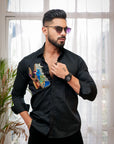 Rich Black With Lord Shiva Sequence Embroidered Textured Designer Shirt