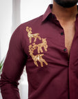 Maroon With Deer Sequence Embroidered Textured Designer Shirt