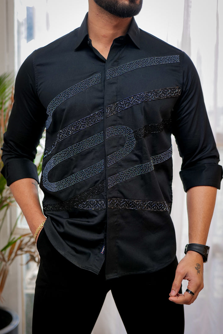 Jade Black Colorful Moti Work Embroidered Textured Designer Shirt