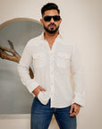 Linen Cotton Double Pocket Designer Shirt-White