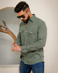 Linen Cotton Double Pocket Designer Shirt-Laurel Green