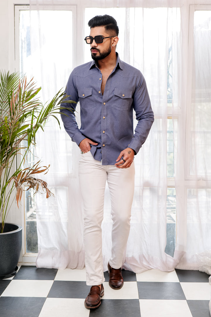 Linen Cotton Double Pocket Designer Shirt- Carolina Plum