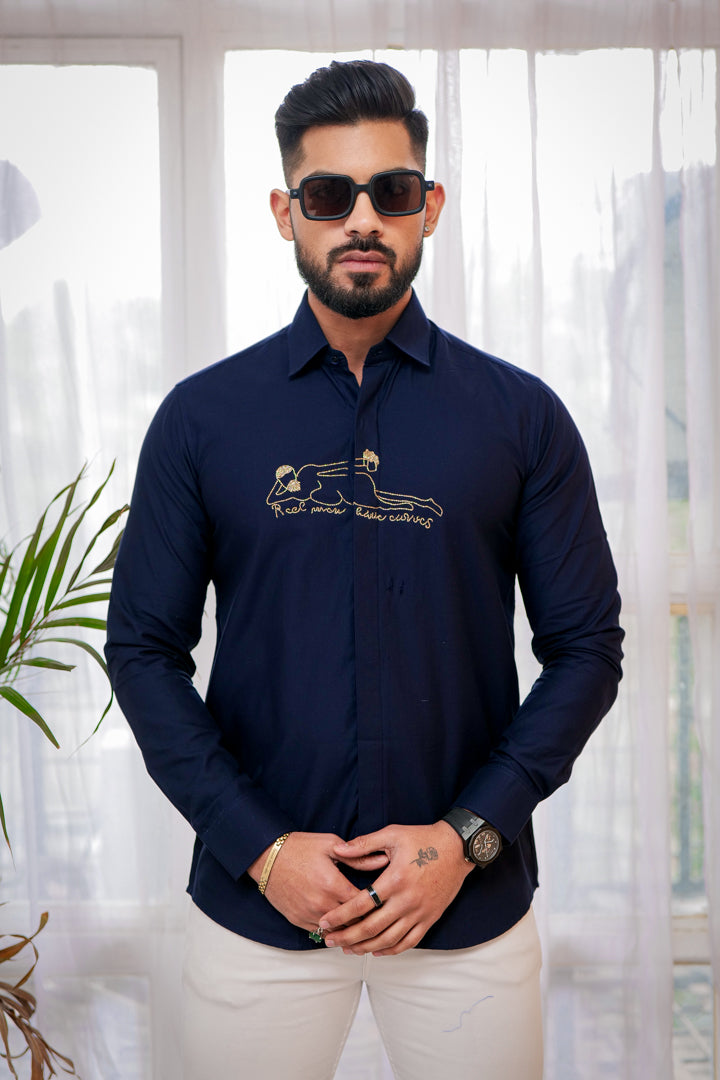 Tealish Blue Embroidered Textured Designer Shirt