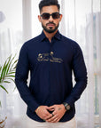 Tealish Blue Embroidered Textured Designer Shirt