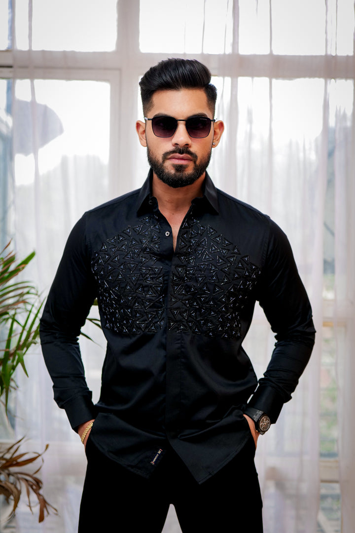 Black Geometric Abstract Embroidered Textured Designer Shirt