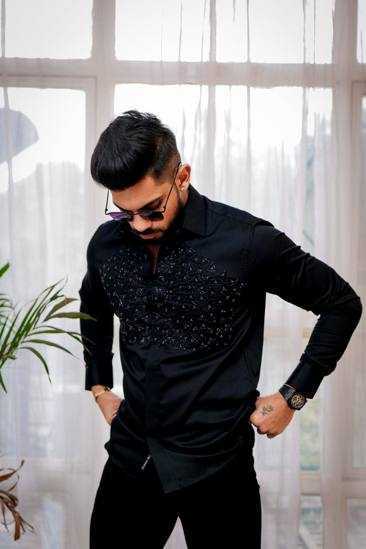 Black Geometric Abstract Embroidered Textured Designer Shirt