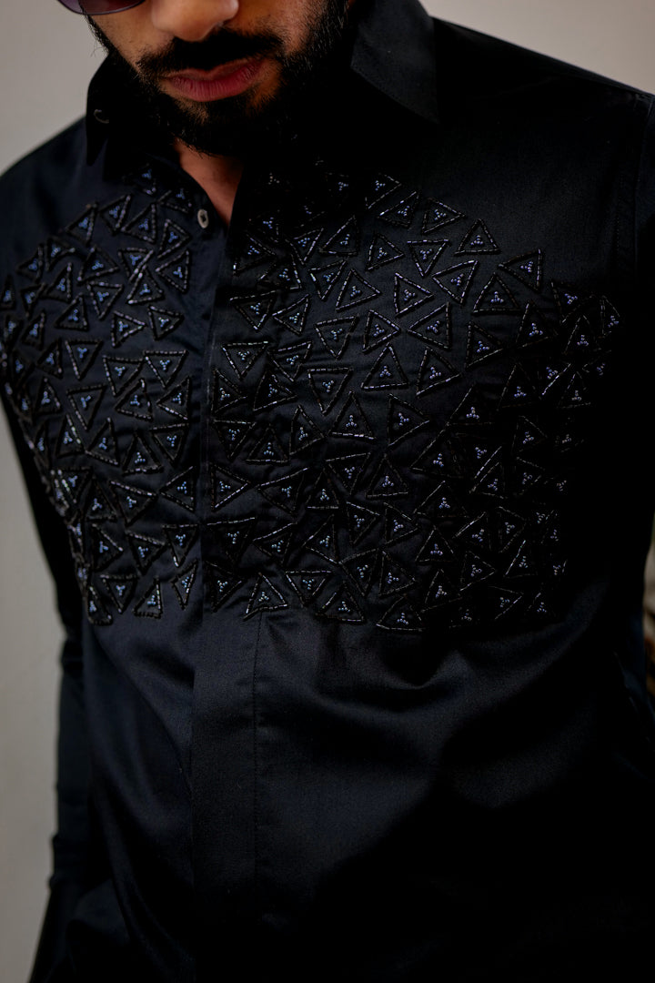 Black Geometric Abstract Embroidered Textured Designer Shirt