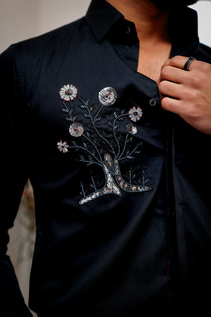 Midnight Moss Black Flower Embroidered Textured Designer Shirt