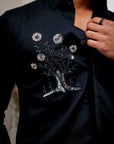 Midnight Moss Black Flower Embroidered Textured Designer Shirt