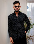 Ink Black  And White  Circle Embroidered Textured  Designer Shirt