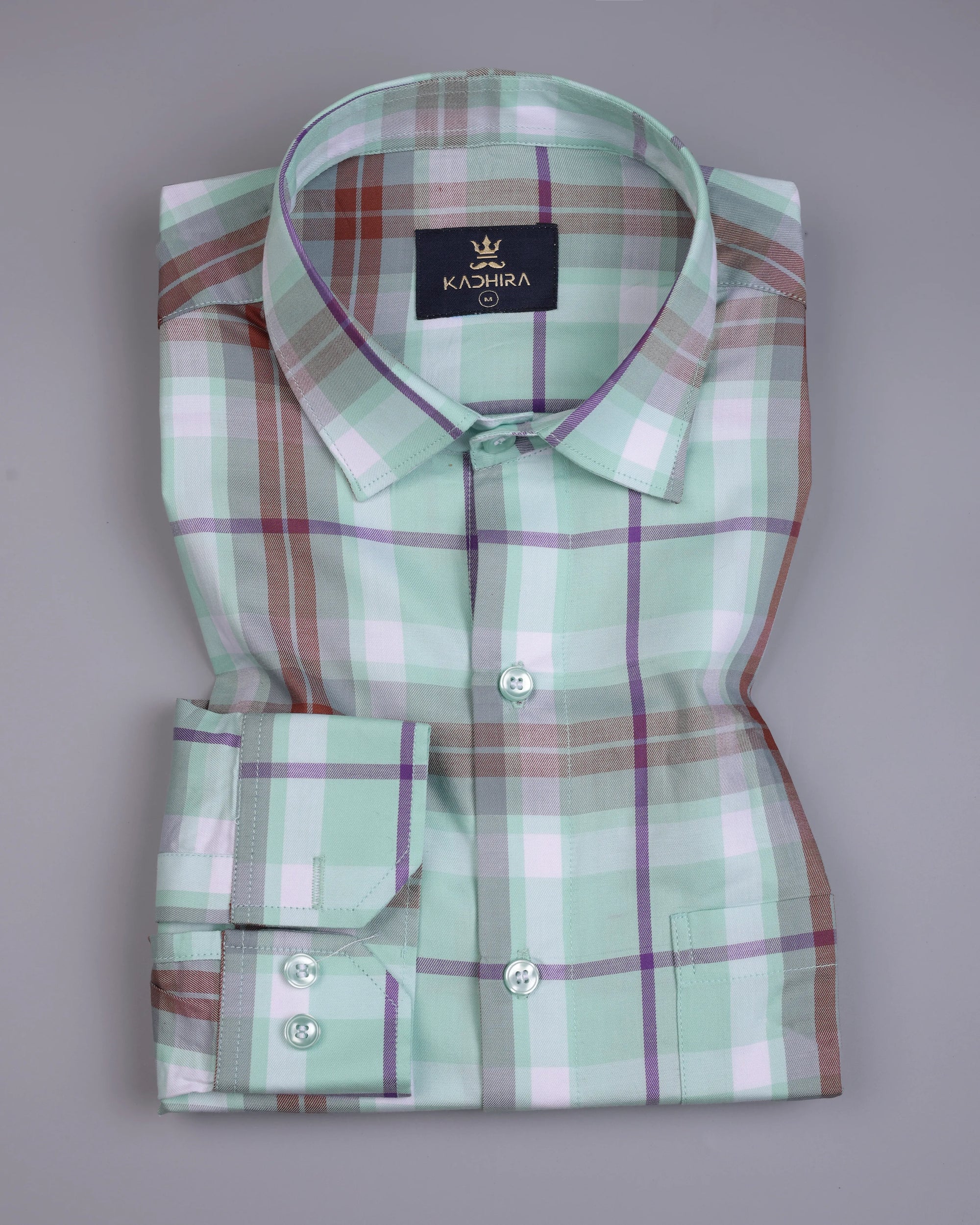 Light Cyan With Multi-colored Plaid Patterns Premium Giza Cotton Shirt