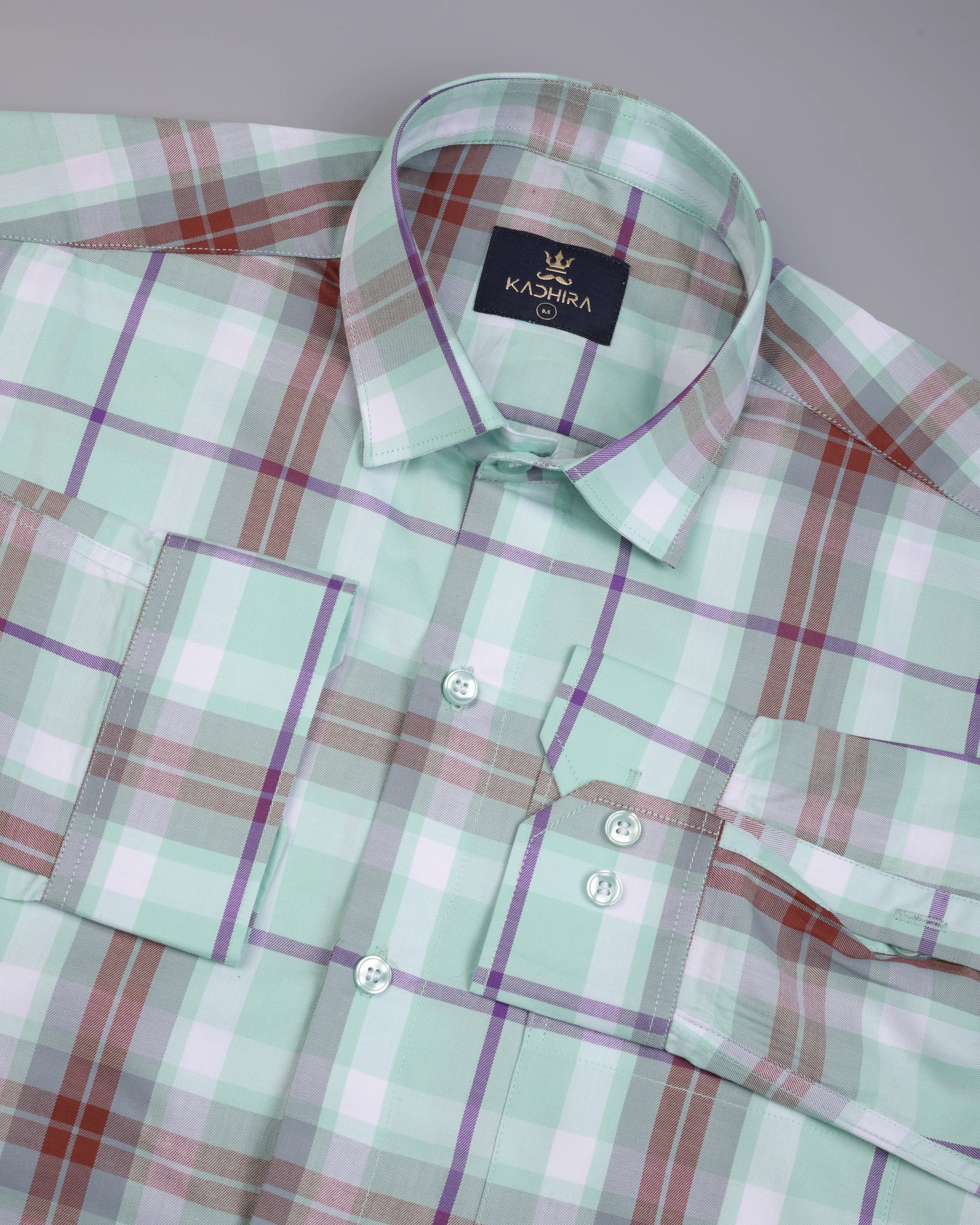 Light Cyan With Multi-colored Plaid Patterns Premium Giza Cotton Shirt