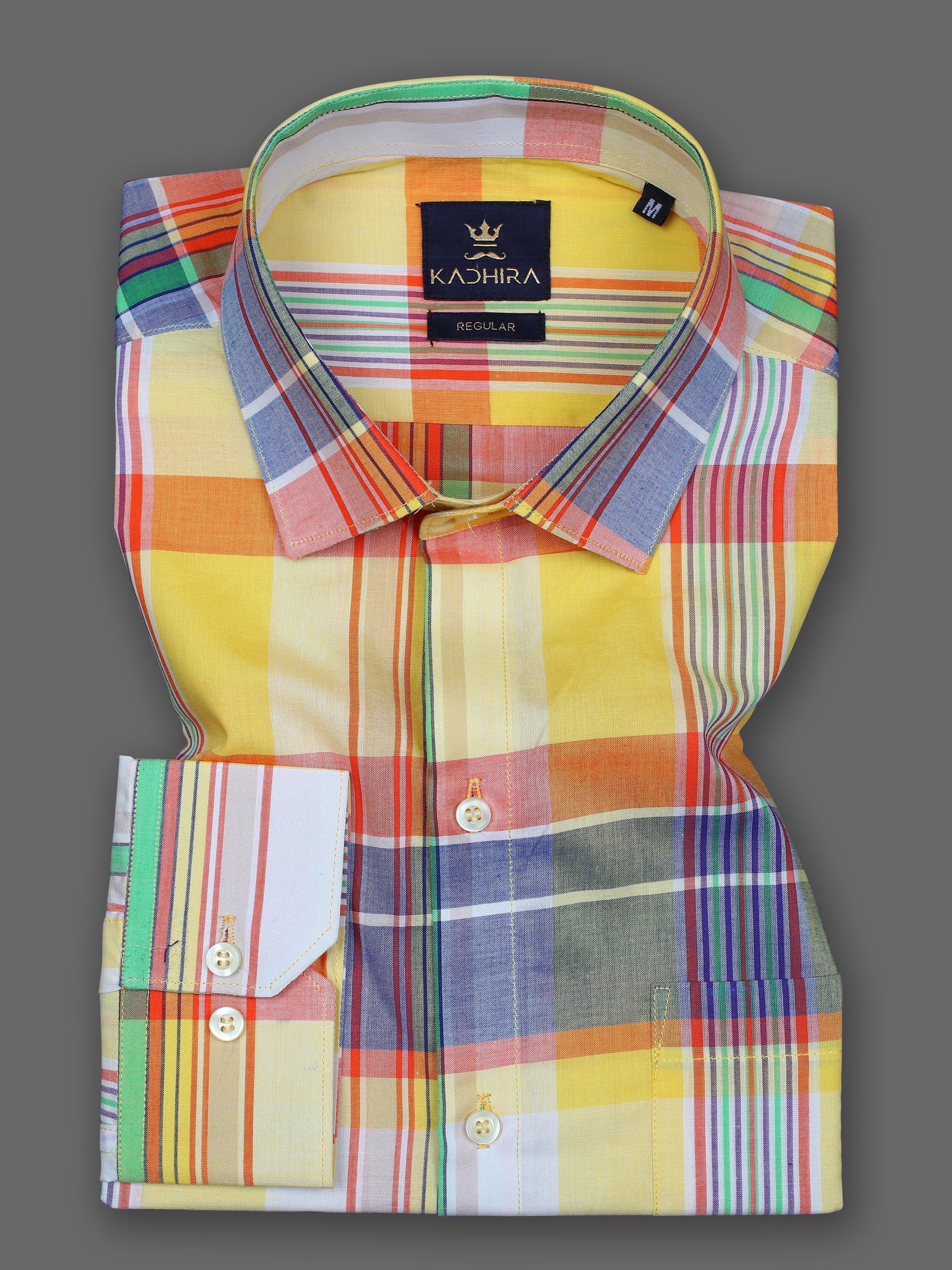Bright Yellow and Multicolored Checkered Premium Giza Cotton Shirt-[ON SALE]