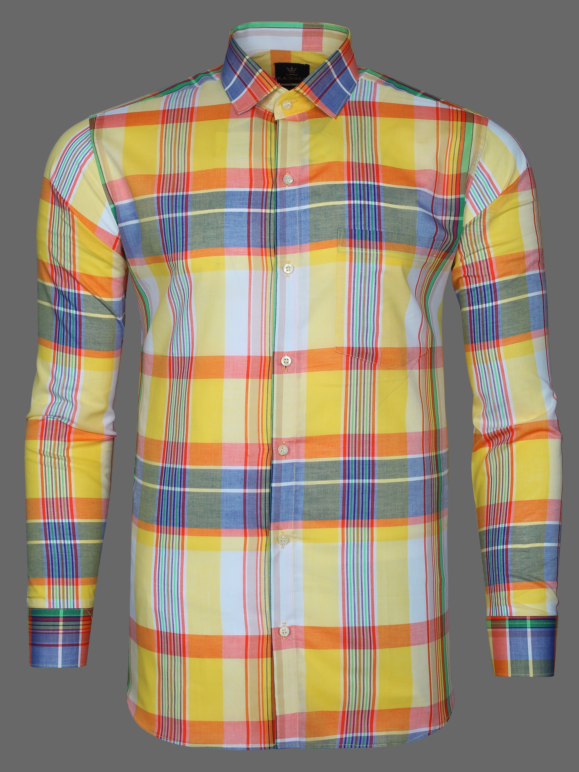 Bright Yellow and Multicolored Checkered Premium Giza Cotton Shirt-[ON SALE]